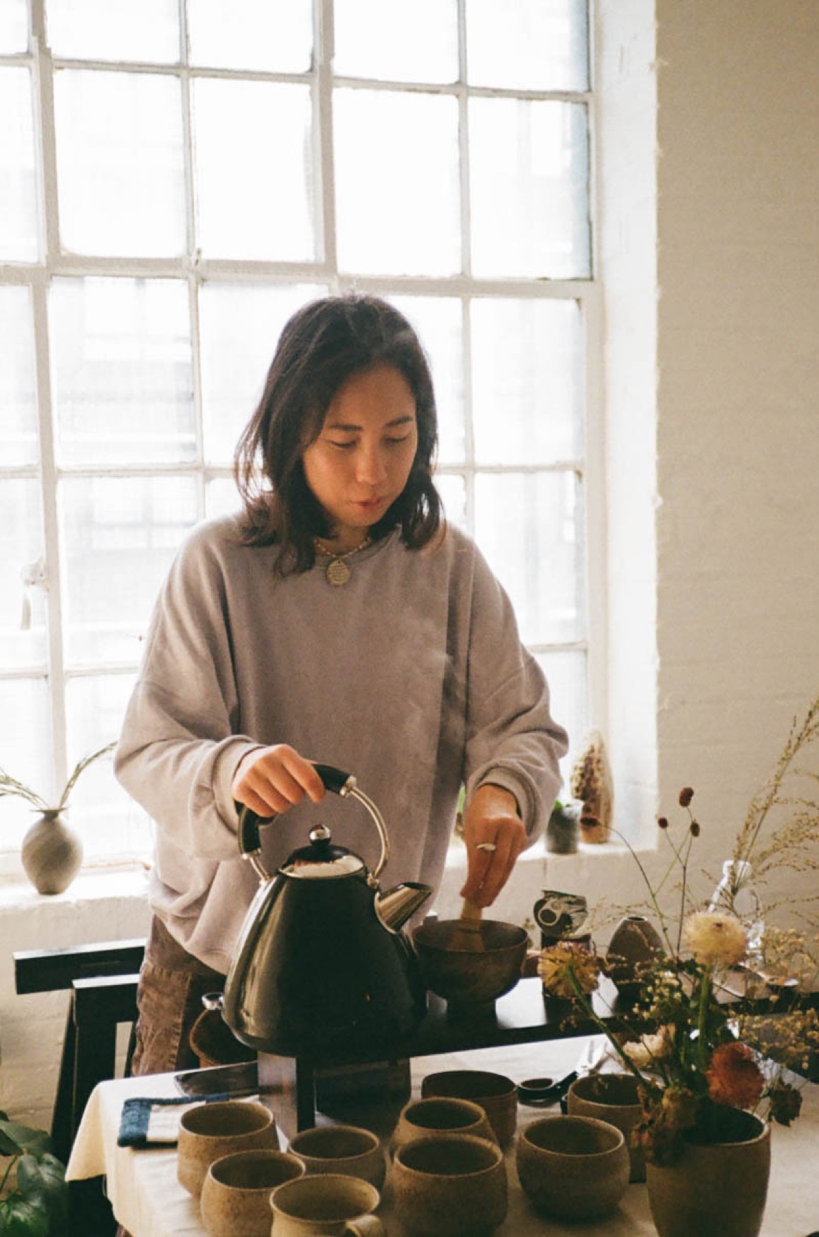 Making tea in the studio